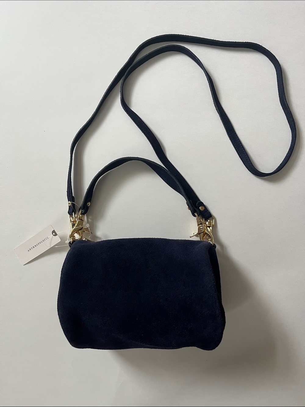 Anthropologie Navy Suede Crossbody Bag with Gold Hardware
